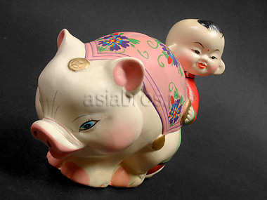 中国雑貨 置物 | 中国雑貨/置物/豚と少年/仲良し首振り人形貯金箱
